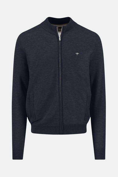 Gilet bleu marine de FYNCH-HATTON, avec fermeture éclair et texture tricotée.