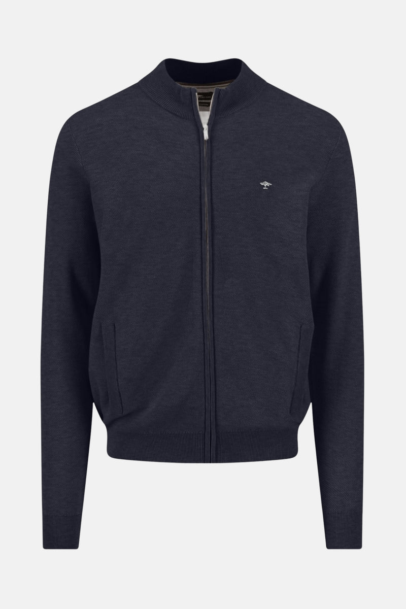 Gilet bleu marine de FYNCH-HATTON, avec fermeture éclair et texture tricotée.