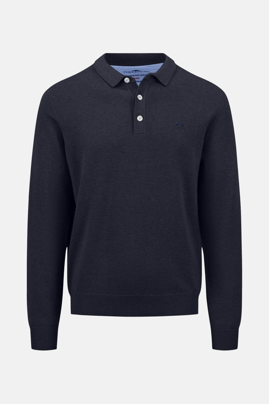 Pull bleu de FYNCH-HATTON, avec col polo et deux boutons, en maille fine unie, avec logo discret.
