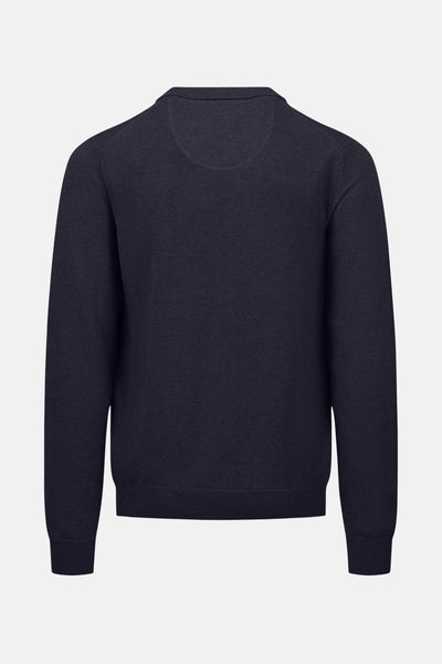 Pull bleu marine de FYNCH-HATTON, vue arrière, en maille fine avec col rond et manches longues.