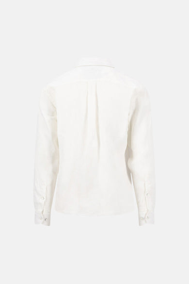 White long-sleeve shirt back view with central pleat and buttoned cuffs, textured fabric, minimalist design