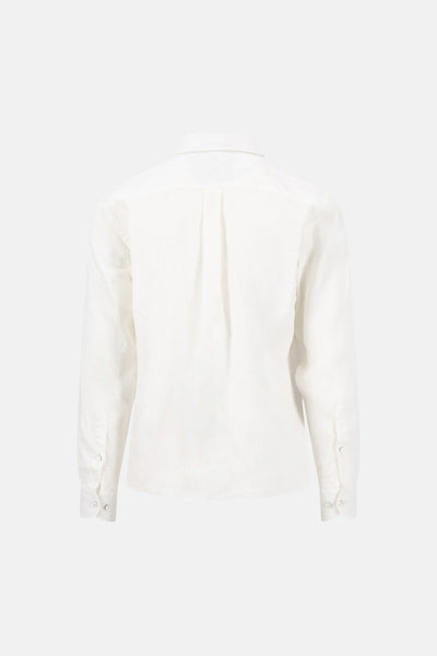 White long-sleeve shirt back view with central pleat and buttoned cuffs, textured fabric, minimalist design