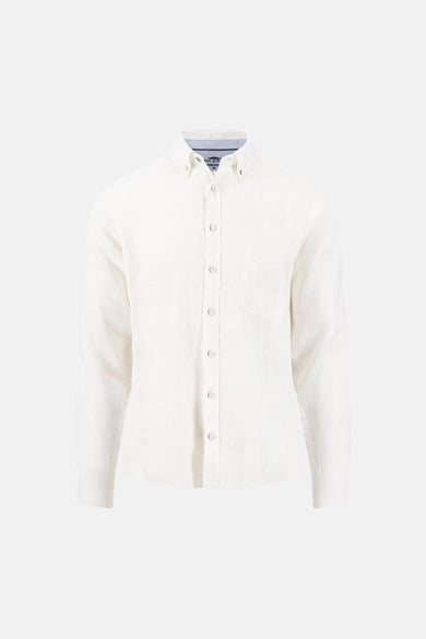 White long-sleeve button-down shirt with chest pocket and textured fabric, front view