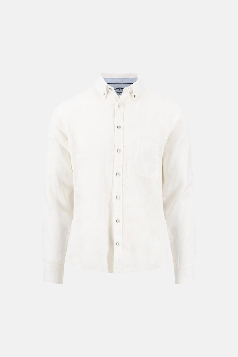 White long-sleeve button-down shirt with chest pocket and textured fabric, front view