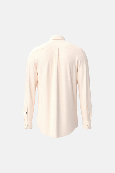Orange long-sleeve chemise with fine vertical stripes, back view showing central seam and buttoned cuffs