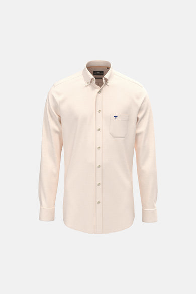 Orange long-sleeve chemise by Peter England, featuring fine vertical stripes, button-down front, chest pocket with blue logo, and classic collar, front view.