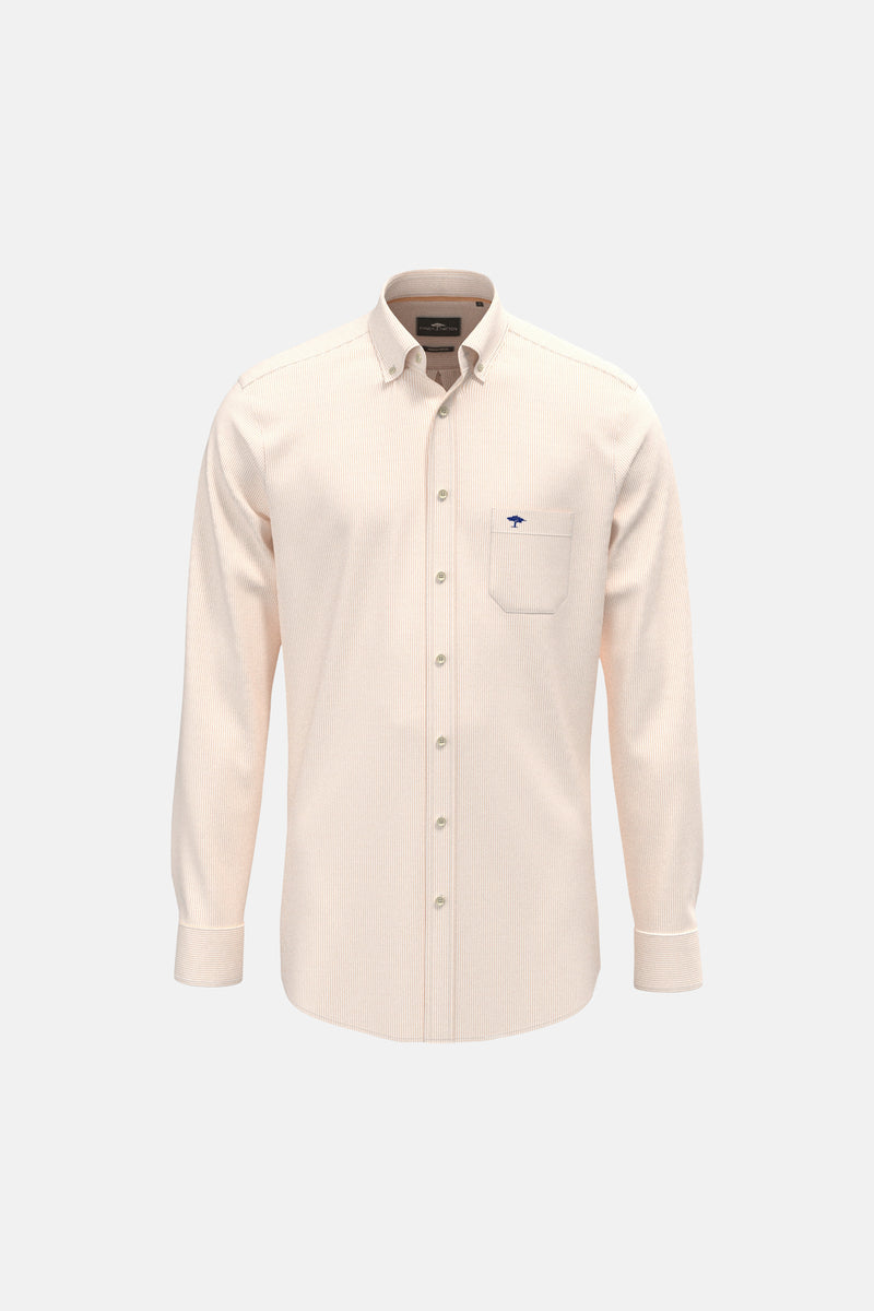 Orange long-sleeve chemise by Peter England, featuring fine vertical stripes, button-down front, chest pocket with blue logo, and classic collar, front view.