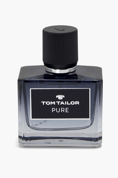Parfum bleu-gris de Tom Tailor, dans un flacon carré en verre avec un bouchon noir strié.