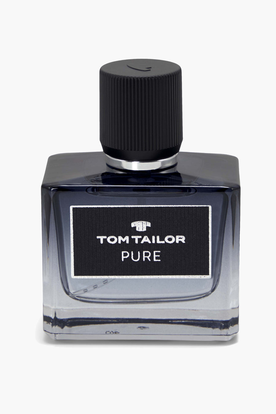Parfum bleu-gris de Tom Tailor, dans un flacon carré en verre avec un bouchon noir strié.