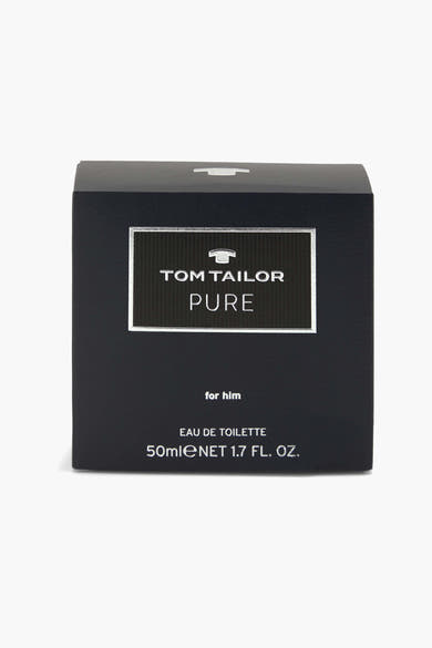 Parfum Pure noir pour homme de Tom Tailor, boîte carrée sobre avec lettrage argenté.
