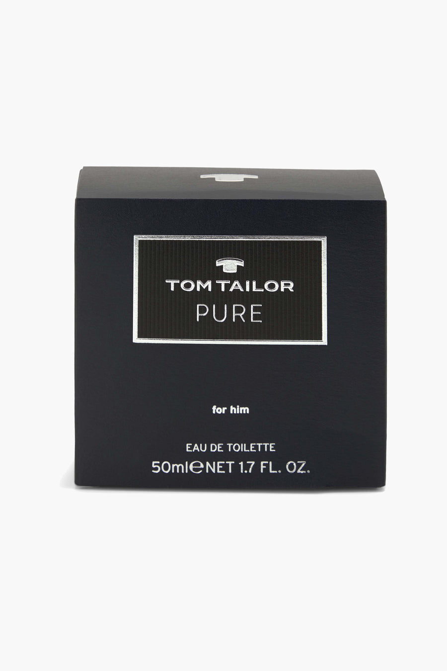 Parfum Pure noir pour homme de Tom Tailor, boîte carrée sobre avec lettrage argenté.
