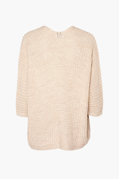 Gilet beige en maille de Terra di Siena, à manches trois-quarts et texture ajourée, vue de dos.
