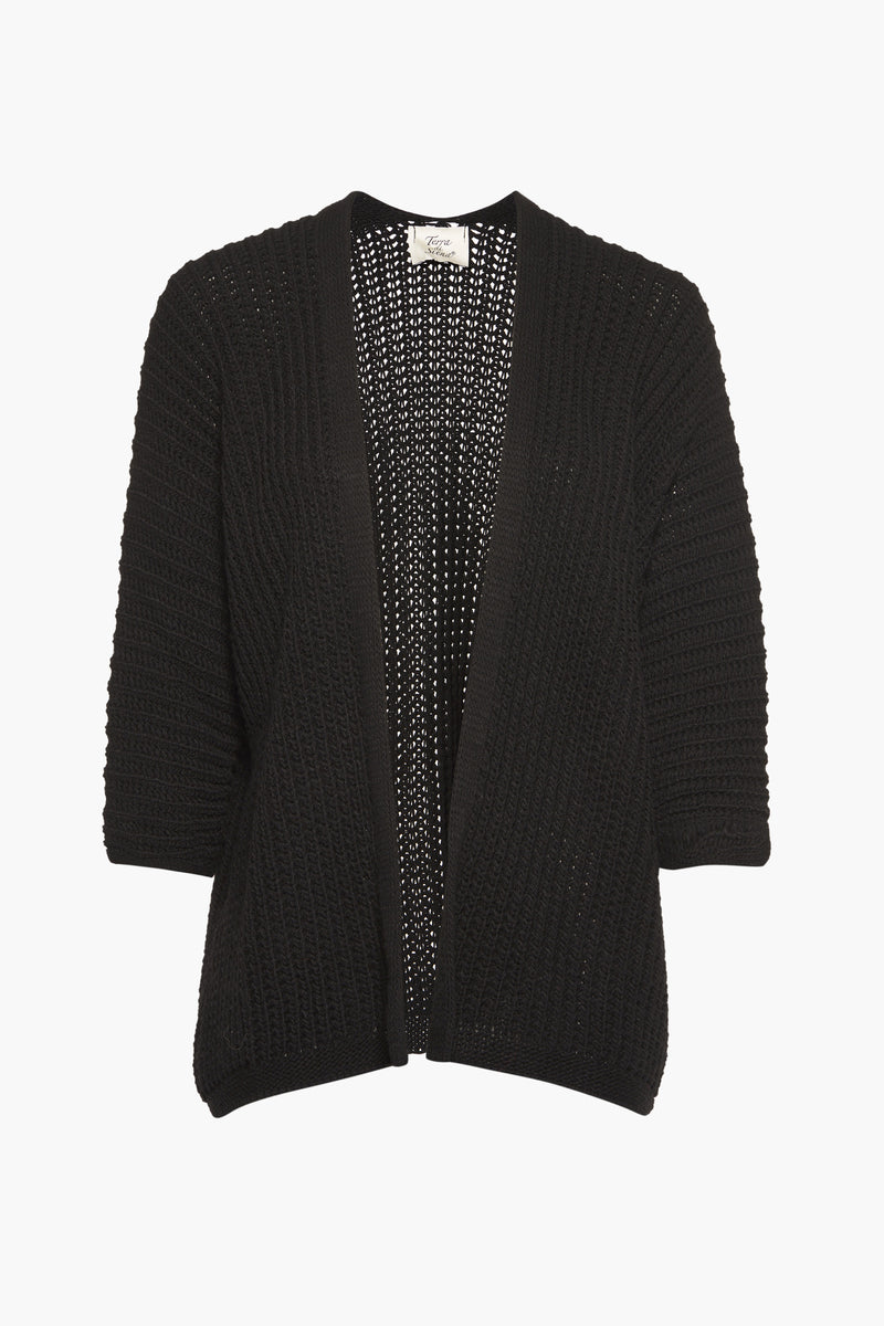 Gilet noir en maille ajourée de Terra di Siena, avec manches trois-quarts et sans fermeture.