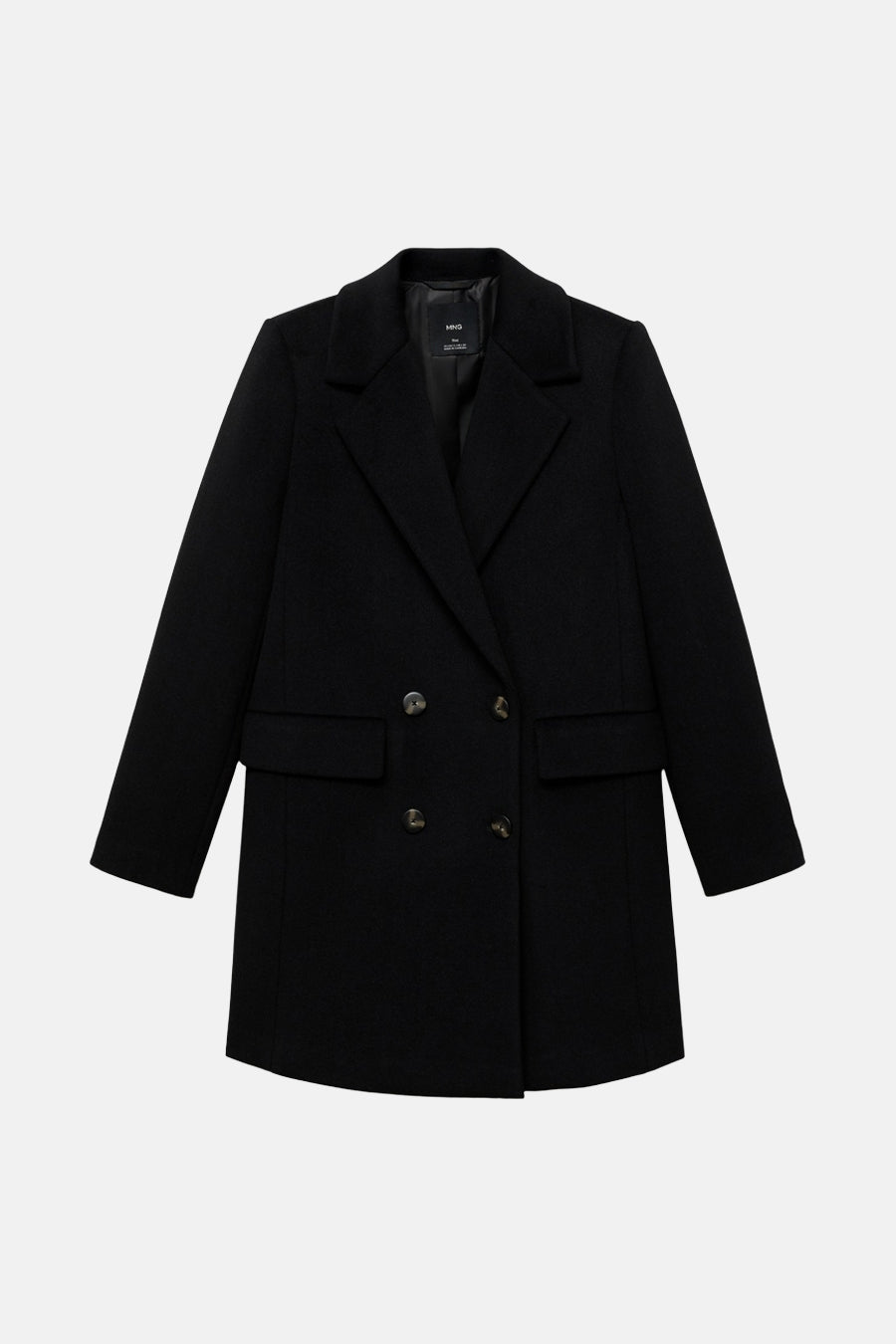 Veste longue noire de MANGO, avec boutonnage croisé et poches plaquées.