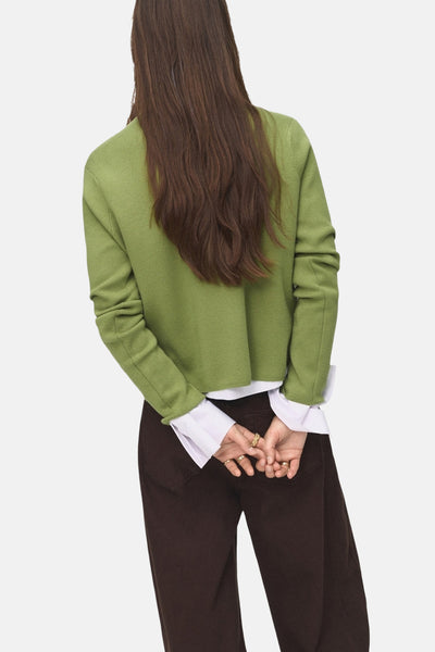 Groene trui met ronde hals van MANGO, gedragen met een wit overhemd en een bruine broek, van achteren gezien.