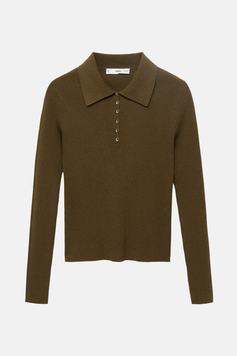 Pull à col rond kaki de MANGO, en maille côtelée avec un col polo et une patte de boutonnage.