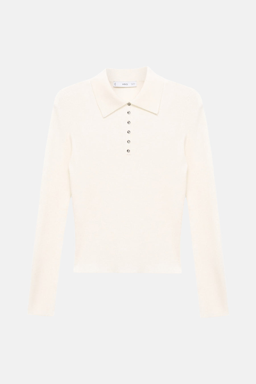 Pull à col rond beige de MANGO, avec une patte de boutonnage et des manches longues.