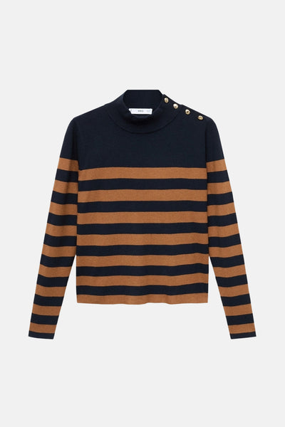 Pull à col rond rayé bleu marine et marron par MANGO, avec des boutons décoratifs sur l'épaule.
