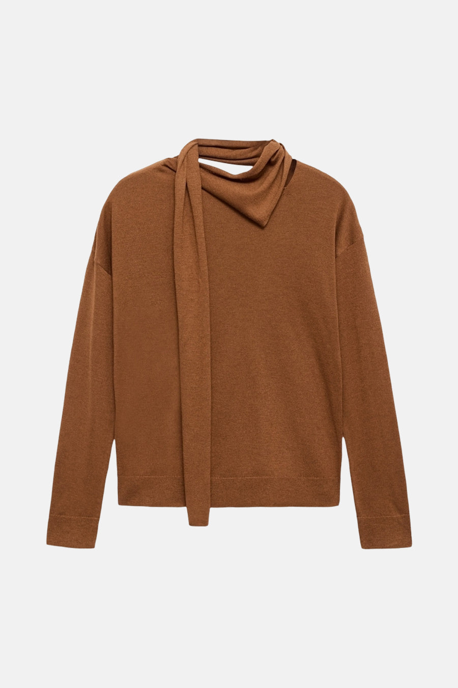 Pull à col rond marron de MANGO, avec col montant et détails noués sur le côté.
