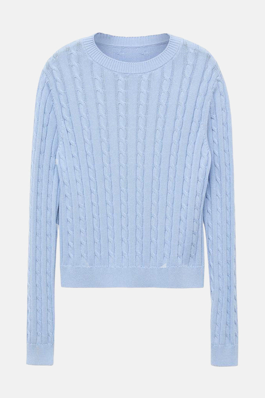 Pull à col rond bleu de MANGO avec motif torsadé sur l'ensemble et manches longues.