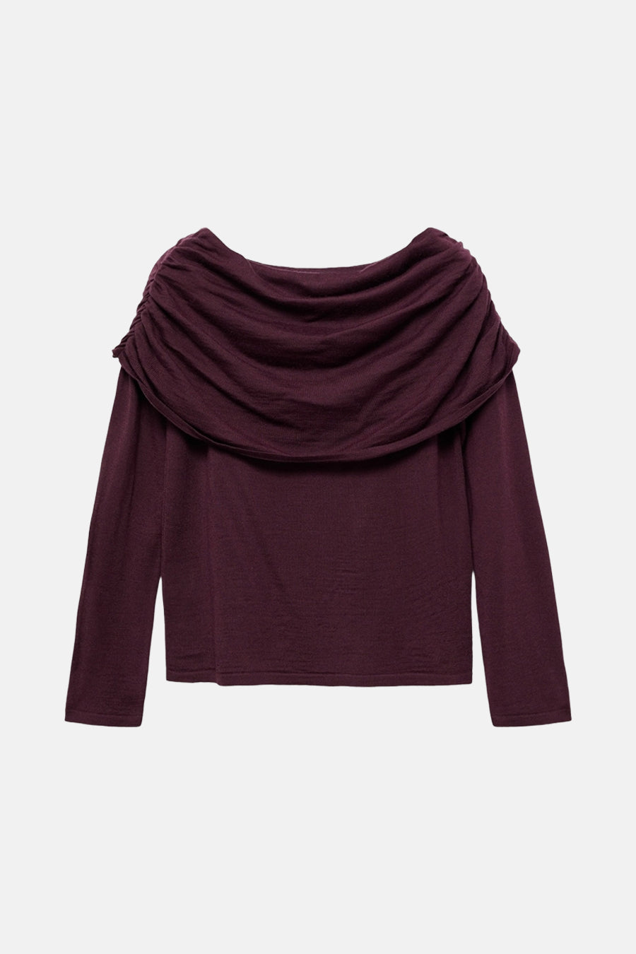 Pull bordeaux à col rond de MANGO, avec un large col bateau drapé.