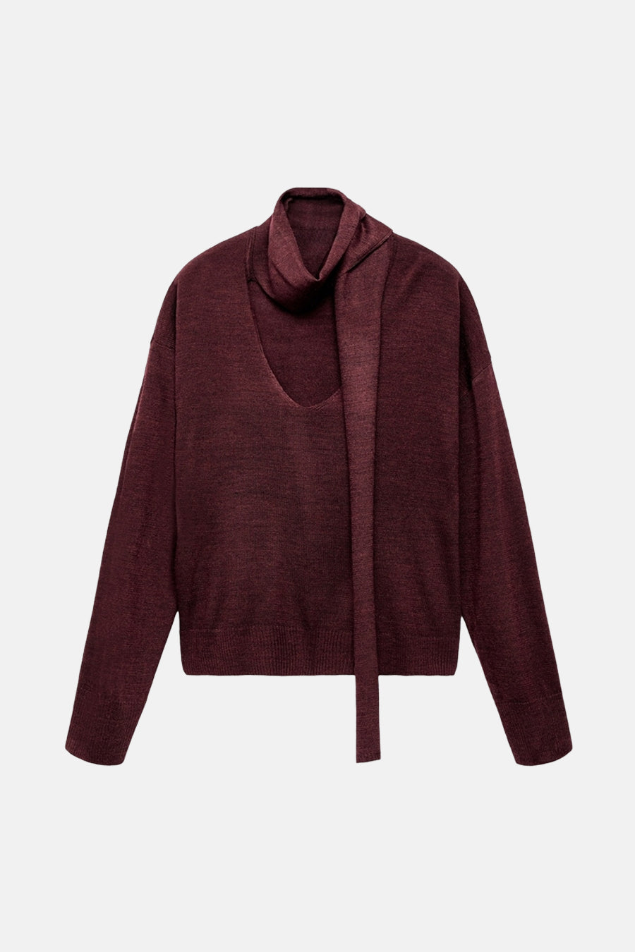 Pull à col rond bordeaux de MANGO, avec un col châle drapé asymétrique sur le devant.