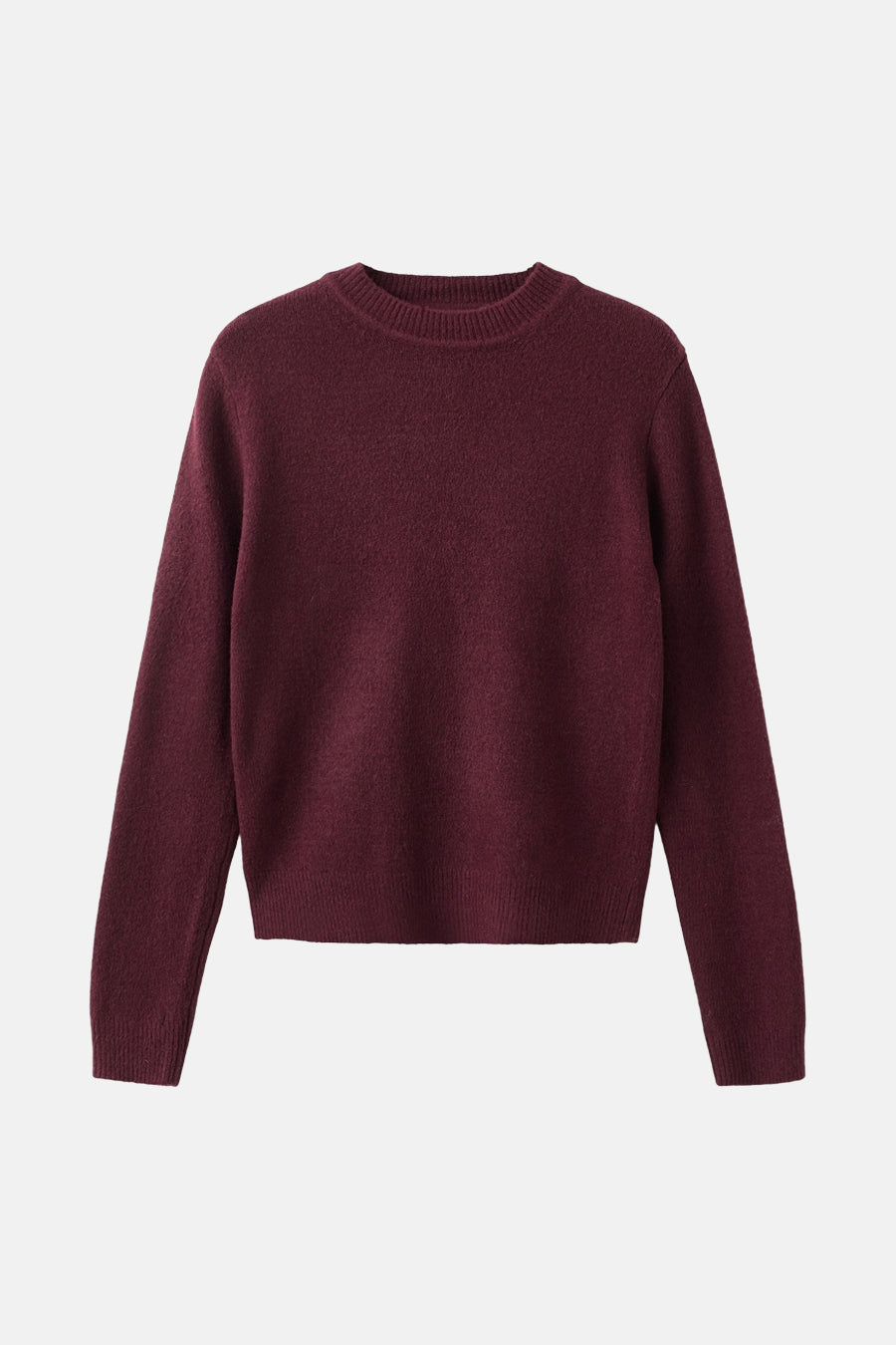 Pull à col rond bordeaux de MANGO, en maille texturée, sur un fond neutre.