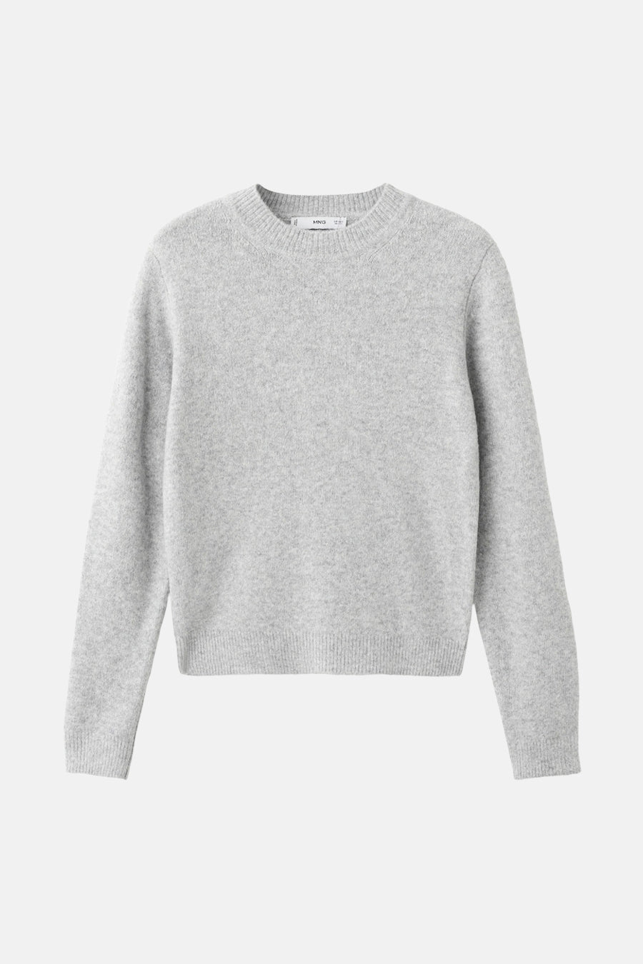 Pull à col rond gris de MANGO, en maille fine et douce sur fond uni.