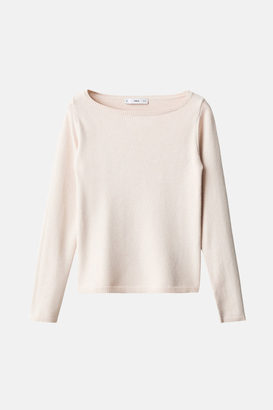 Pull à col rond écru de MANGO, en maille fine, avec une coupe droite et des manches longues.
