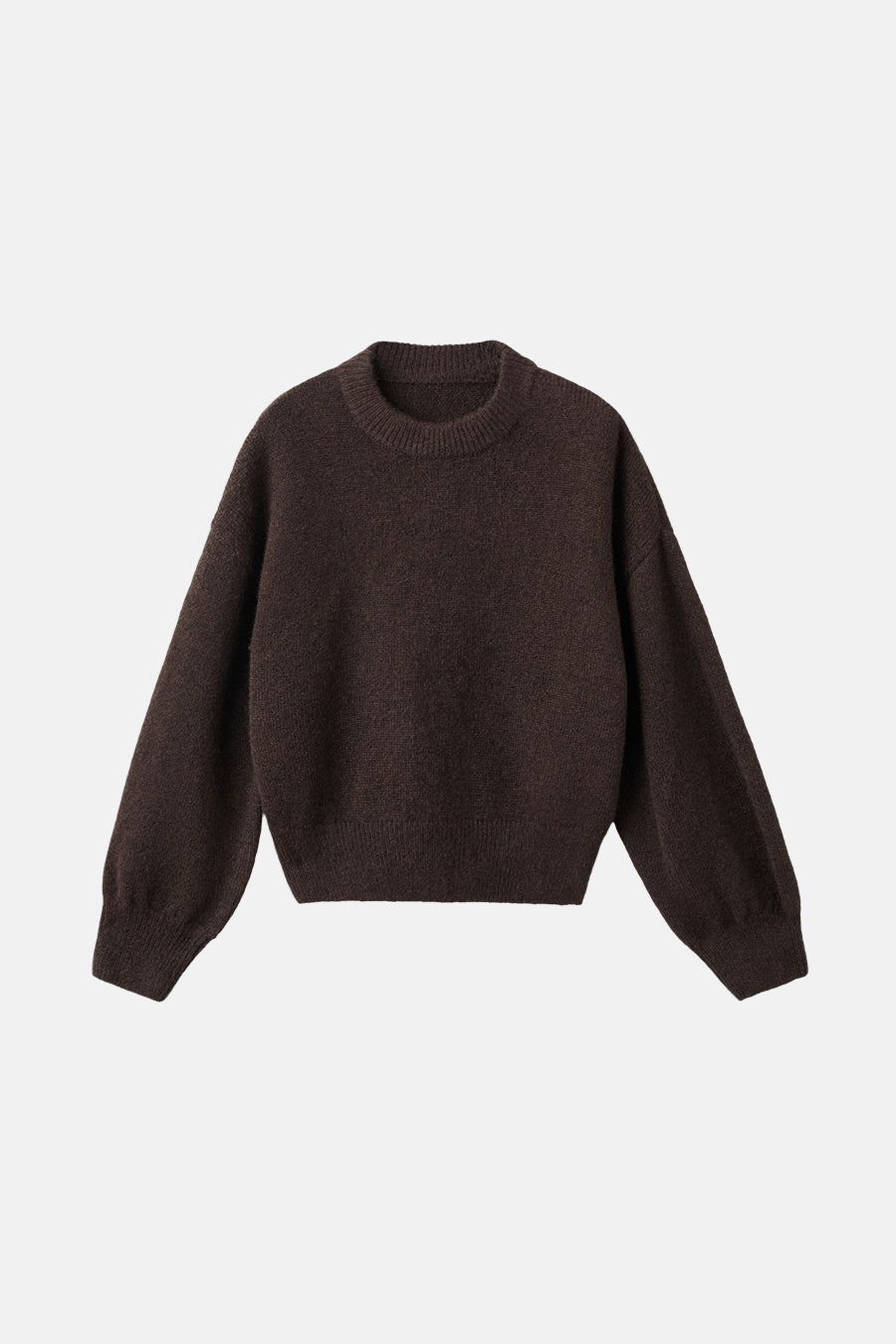 Pull à col rond brun de MANGO, en maille texturée, avec des manches amples.
