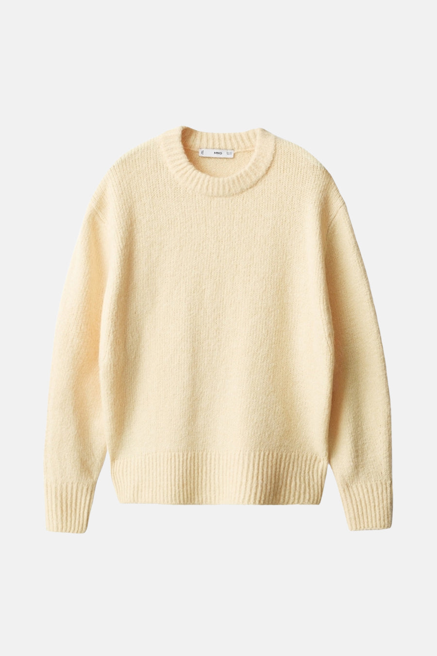 Pull à col rond jaune de MANGO, en maille texturée, avec finitions côtelées au col, aux poignets et à la base.

