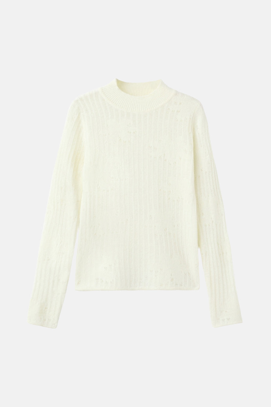 Pull beige à col rond de MANGO, en maille ajourée et à fines côtes verticales.