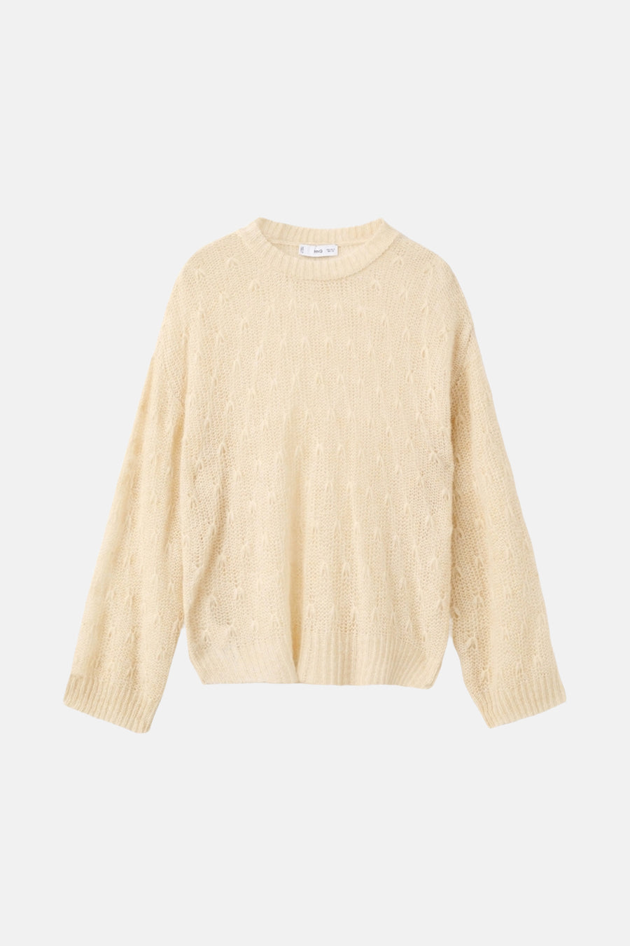 Pull à col rond beige de MANGO, avec une texture tricotée et un motif ajouré délicat.
