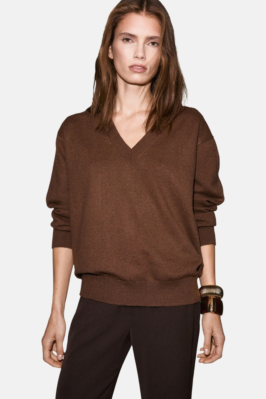 Pull met V-hals - bruin