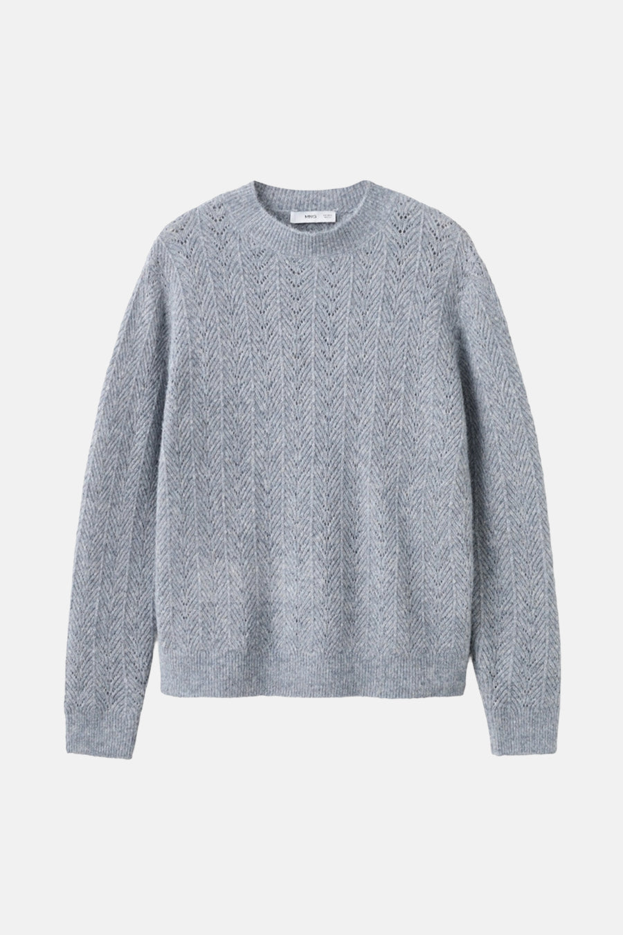 Pull bleu à col rond par MANGO, avec motif ajouré vertical en chevrons.