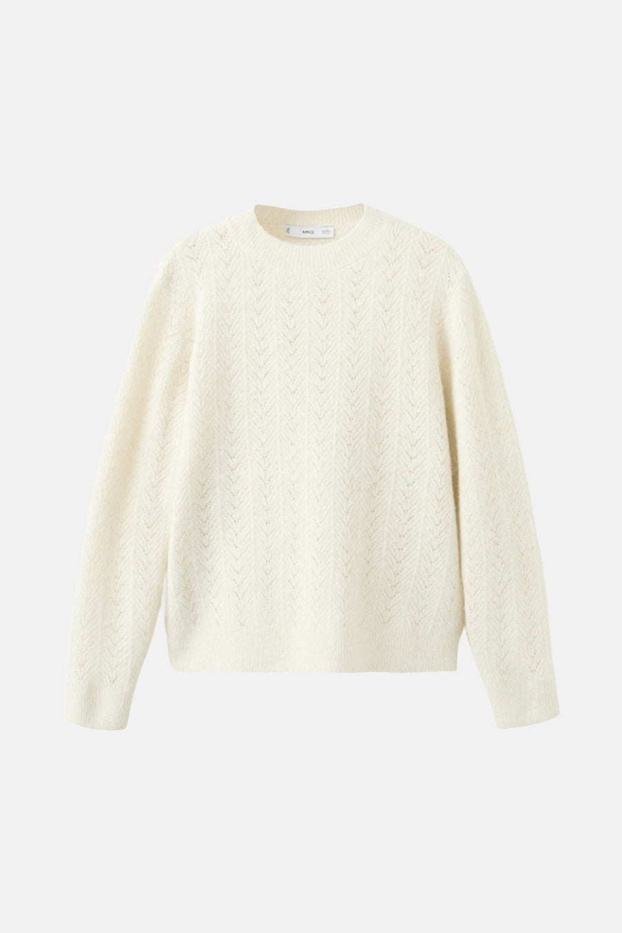 Pull à col rond écru de MANGO, avec motif ajouré en chevrons sur fond uni.
