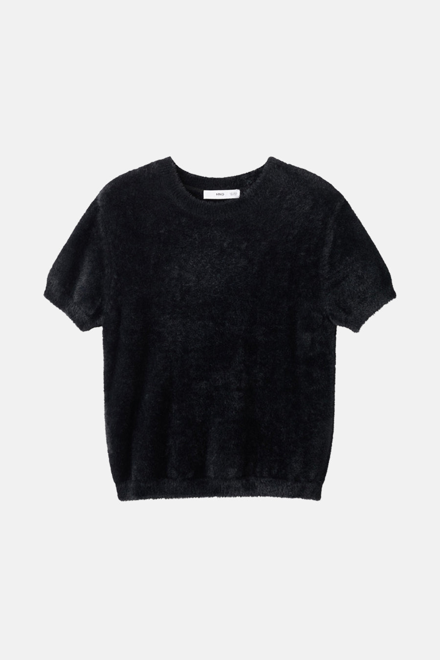 Pull noir à col rond de MANGO, en maille duveteuse à manches courtes.