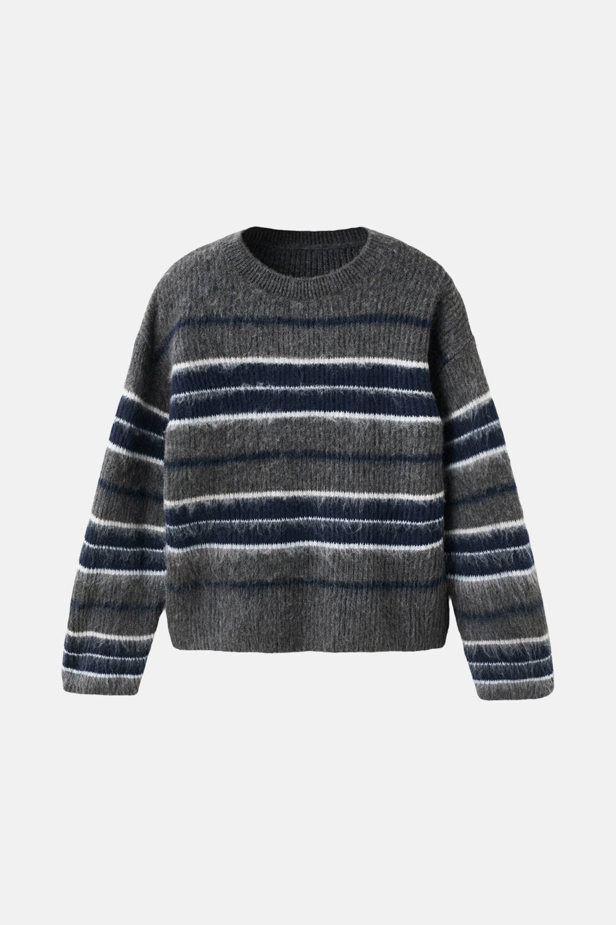 Pull à col rond multicolore de MANGO, avec rayures horizontales grises, bleues et blanches.