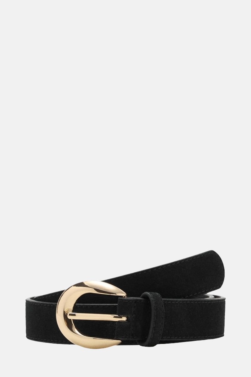 Zwarte suède riem van MANGO met gouden gesp en ton-sur-ton stiksels.