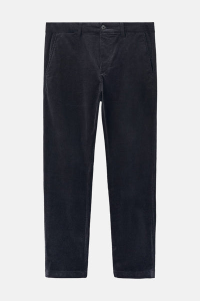Pantalon de saison bleu de MANGO, en velours côtelé, avec des poches latérales et une fermeture à bouton.