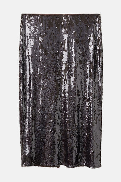 Jupe longue marron à sequins par MANGO, à texture brillante et coupe droite.