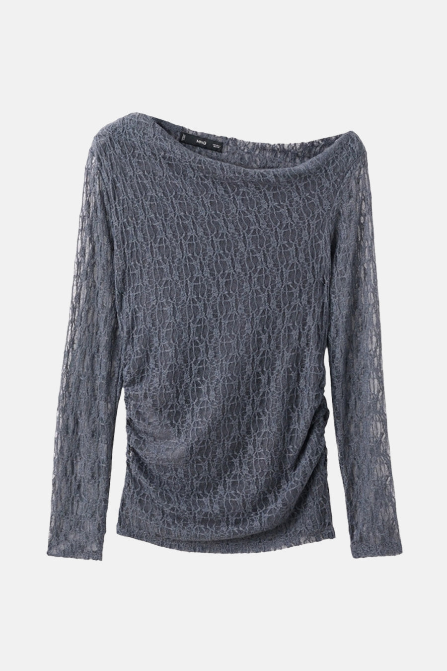 Blouse à manches longues grise de MANGO, en dentelle avec effet drapé sur le côté.