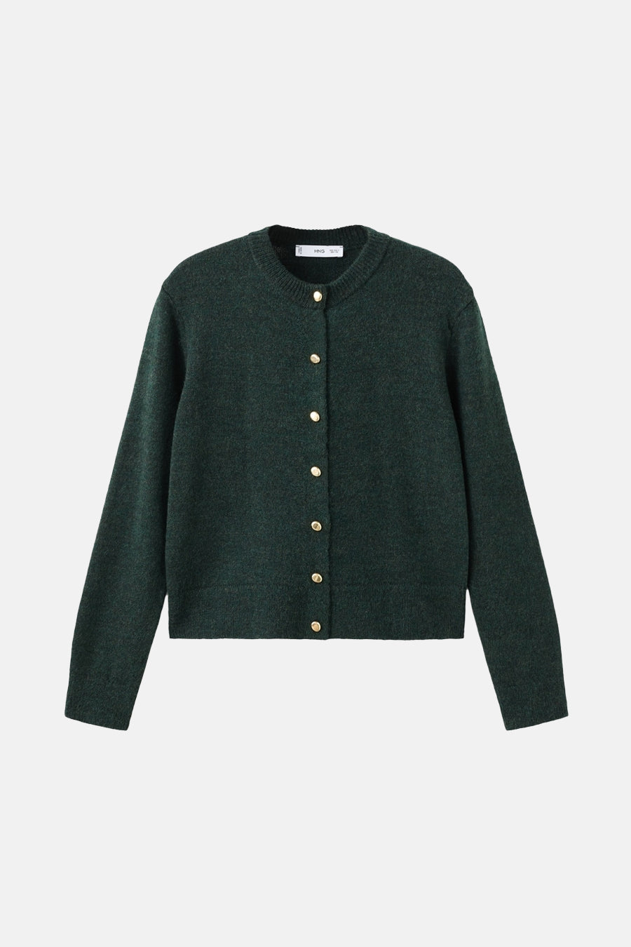 Cardigan vert en maille de MANGO, avec une boutonnière dorée sur le devant.