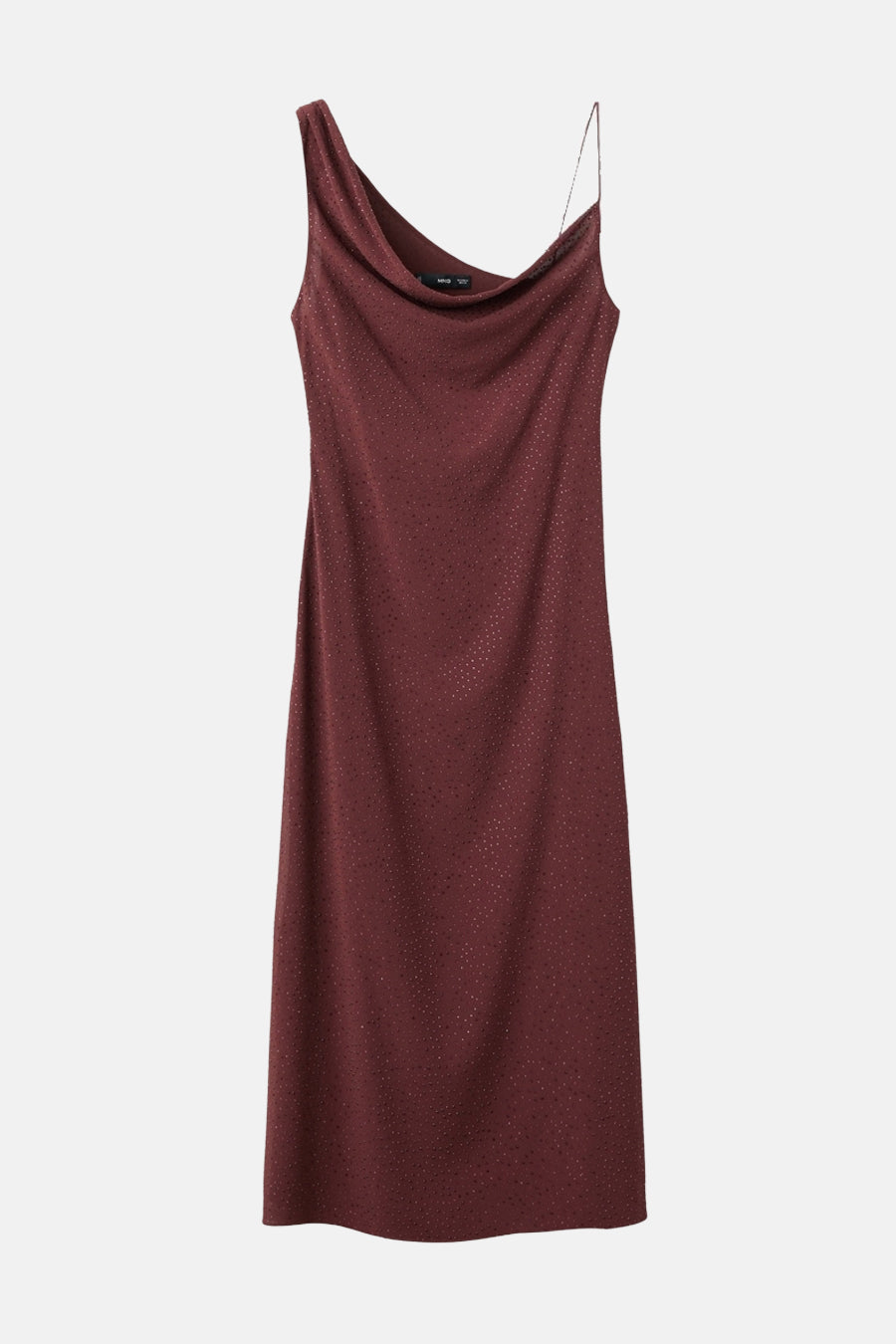 Robe bordeaux à une bretelle par MANGO, avec motif à pois et décolleté drapé.