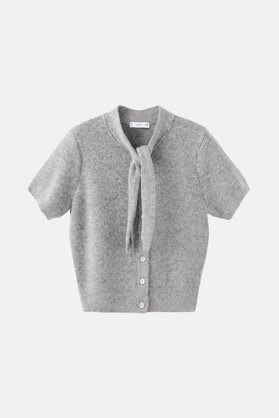 Gilet gris de MANGO, à manches courtes avec une encolure à nouer et une fermeture boutonnée.