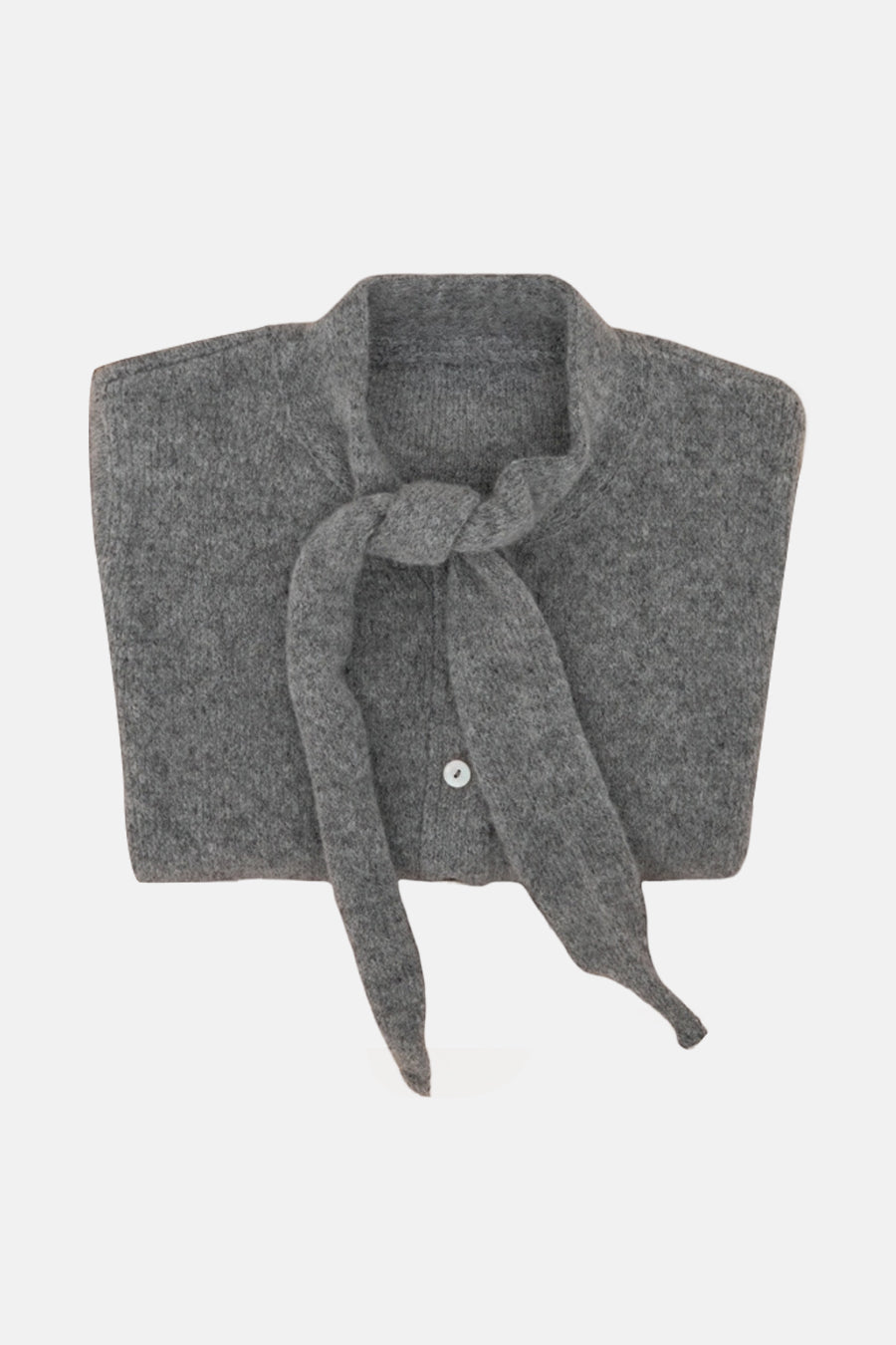 Gilet gris by MANGO, avec un col noué et un bouton unique, sur fond blanc.
