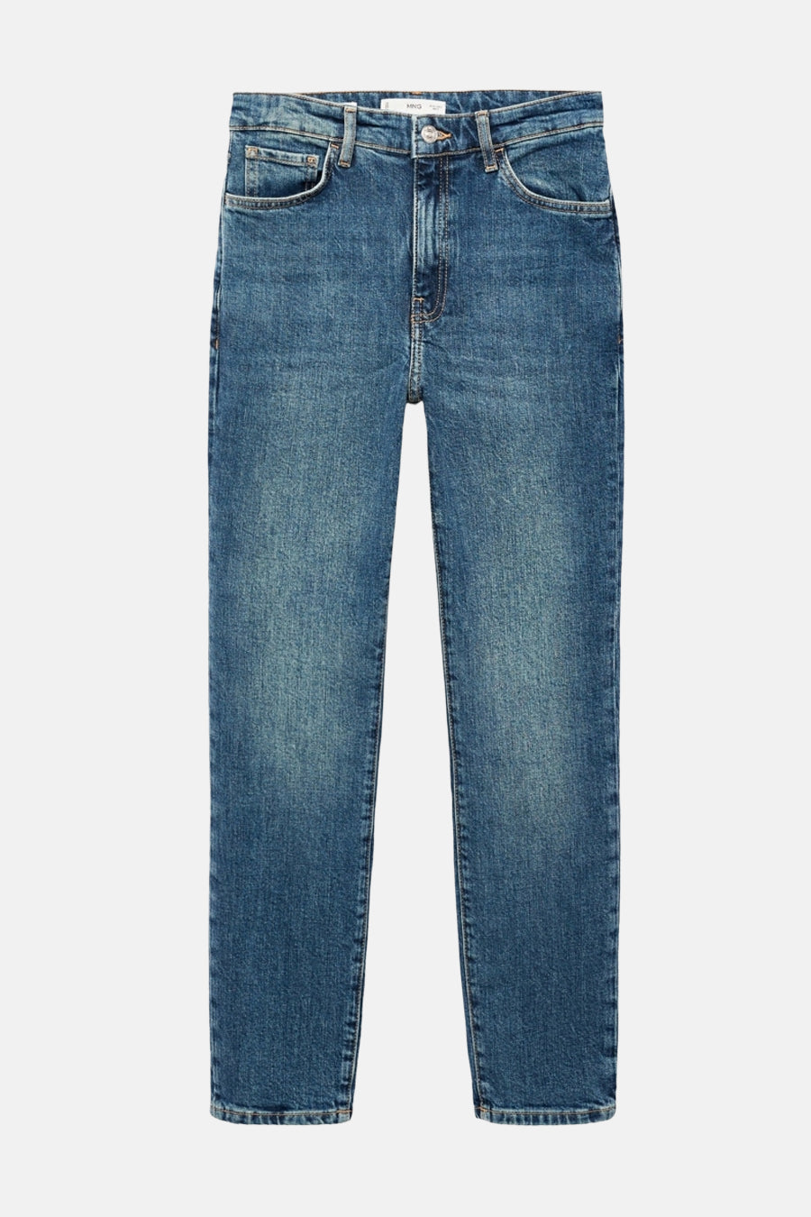 Middelblauwe spijkerbroek van MANGO, van licht uitgewassen denim, met zakken en riemlussen.