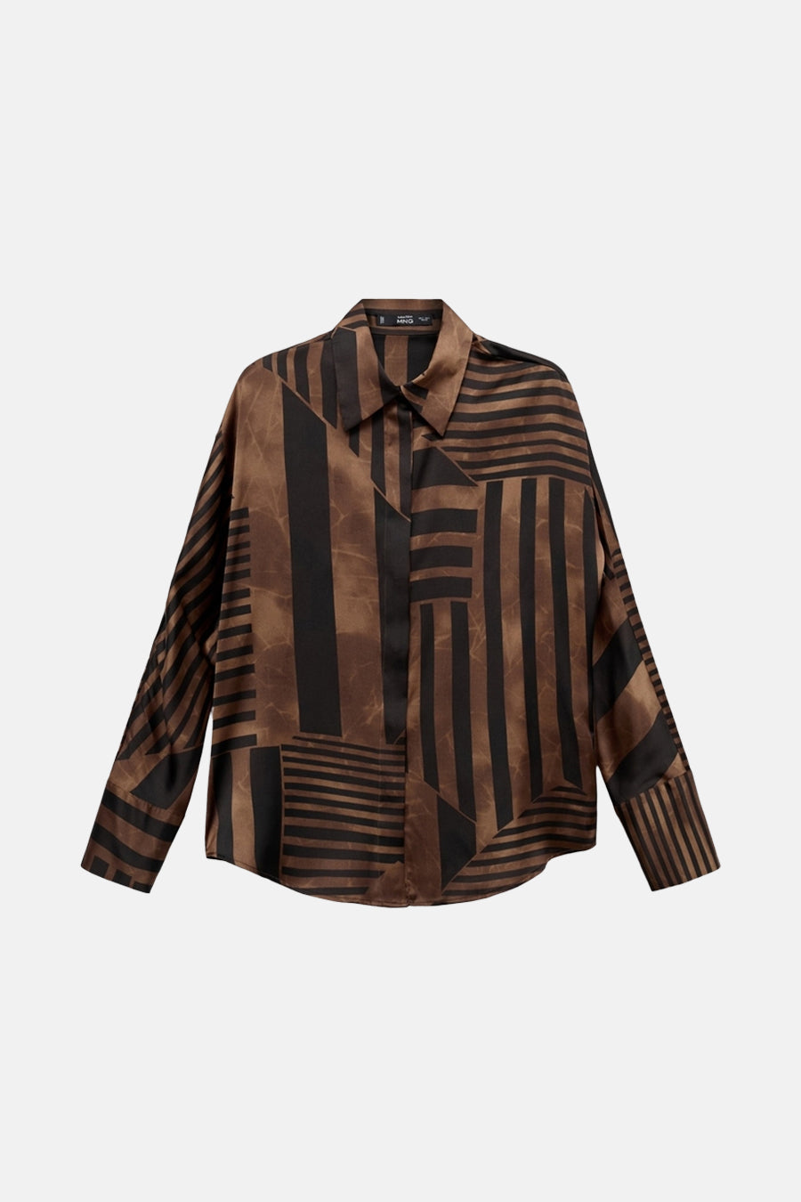 Multikleurige blouse met lange mouwen van MANGO, met bruin en zwart geometrisch strepenpatroon.
