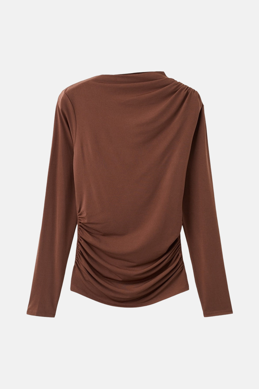 T-shirt à manches longues brun van MANGO, drapé asymétrique sur le devant, en jersey uni.