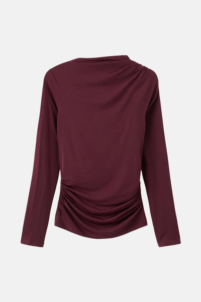 Bordeaux T-shirt met lange mouwen van MANGO, met een plooi aan de zijkant.